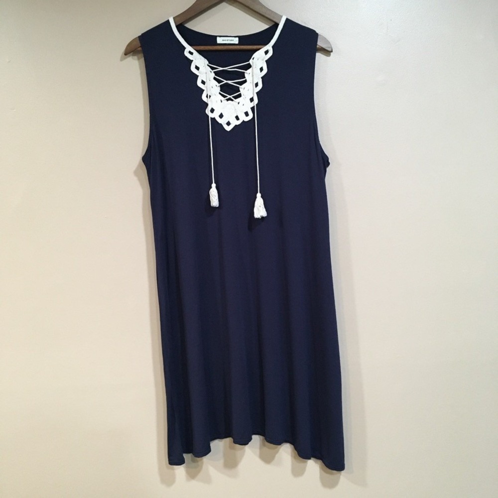 Max Studio Lace Up Crochet Tassel Sleeveless Shift Dress Womens L Navy Blue Boho